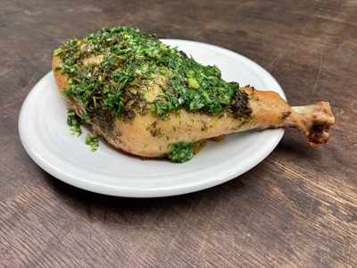 Fennel-frond-sauce-over-grilled-chicken-legs
