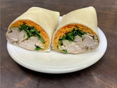 chicken-wrap-with-garlic-scape-dressing-and-beet-greens